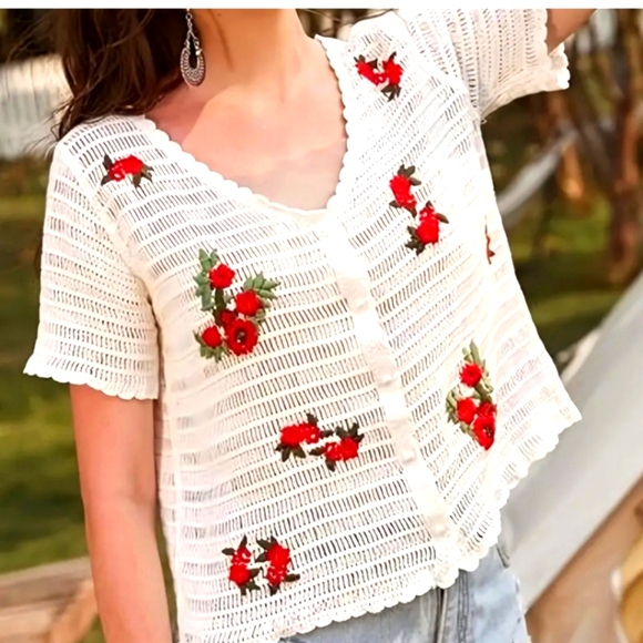 Bohemian Short Sleeve Knit Cardigan for Women - Casual Hollow - Picture 1 of 4